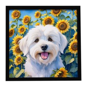 Coton de Tulear in Sunflowers Framed Metal Print Bathroom, Kitchen, Office, Home Decor Wall Art Ready to Hang, Square, 8X8
