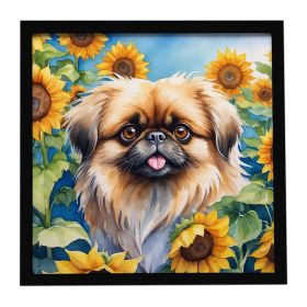 Pekingese in Sunflowers Framed Metal Print Bathroom, Kitchen, Office, Home Decor Wall Art Ready to Hang, Square, 8X8