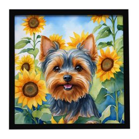 Yorkshire Terrier in Sunflowers Framed Metal Print Bathroom, Kitchen, Office, Home Decor Wall Art Ready to Hang, Square, 8X8