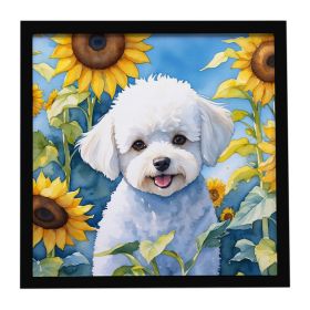 Bichon Frise in Sunflowers Framed Metal Print Bathroom, Kitchen, Office, Home Decor Wall Art Ready to Hang, Square, 8X8