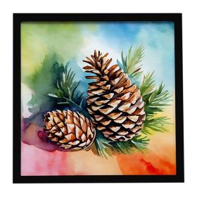 Maine White Pine Cone and Tassels in Watercolor Framed Metal Print Bathroom, Kitchen, Office, Home Decor Wall Art Ready to Hang, Square, 8X8