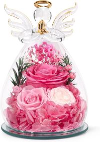 Gifts for Mom Birthday Gifts for Women Preserved Rose Forever Flower in Glass Angel Figurines Fresh Flowers for Delivery Anniversary Mothers Day (Color: Pink (Rose, Austin, Baby's Breath, Hydrangea))
