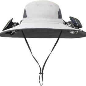 Solar Fan Hat Rechargeable 2Detachable Solar Fans,Water-Repellent Wide Brim Bucket Hat, Outdoor Camping Hiking Golf Sun Hat (Color: Lightgray)